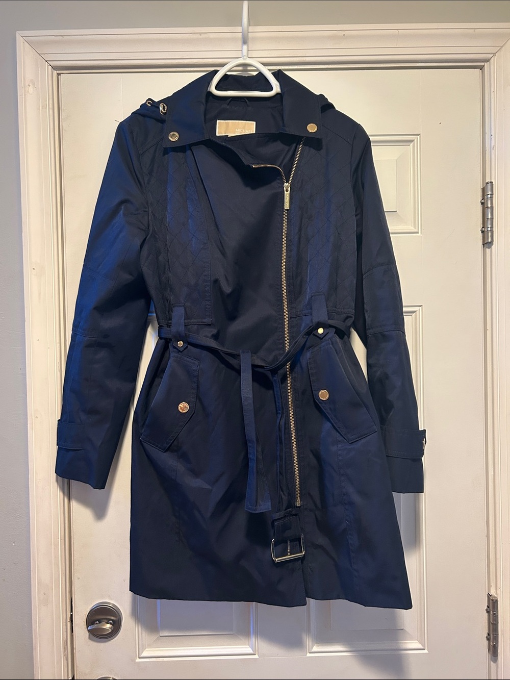 Michael Kors Navy Hooded Trench Coat with Belt